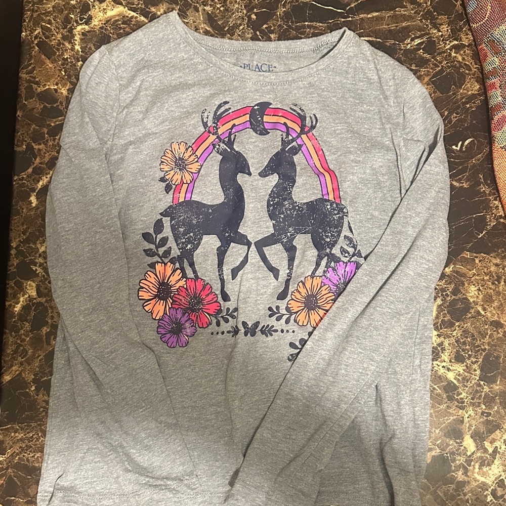 The Children's Place Gray Long Sleeve Tee with Deer and Floral Design